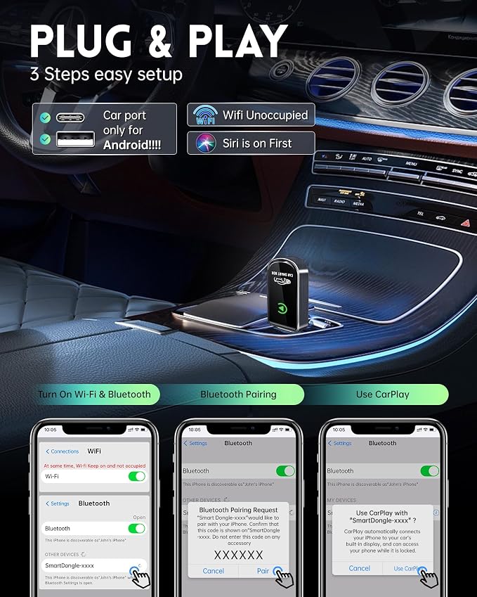 Amzfeel Wireless Carplay Adapter for Apple iPhone, Mini Bluetooth Dongle Convert Factory Wired to Wireless Car Play Plug & Play Auto Connect, Low Latency, GPS for iOS 10+ & Cars 2015+ (Brushed Gery)