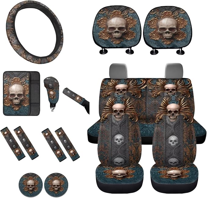 Lotusorchid Skull Print Automotive Seat Covers, Soft Comfy Car Seats Covers Full Set with Steering Wheel Cover Car Armrest Box Pad Seat Belt Cover Gear Shift Knob Covers for Most Vehicles