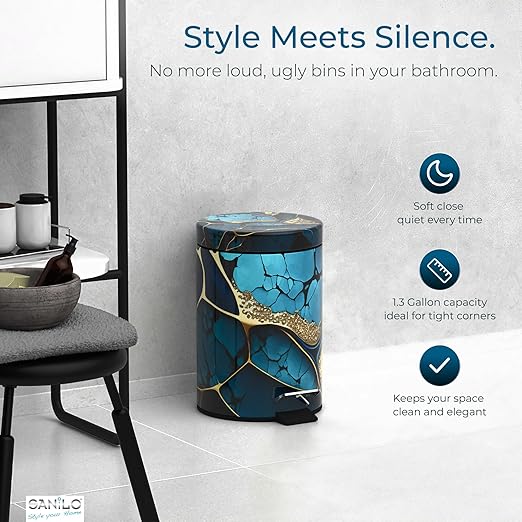 Sanilo Small Bathroom Trash Can with Lid [1.3 Gallon] - Lidded Tiny Trashcan for Garbage - Mini Metal Bin with Soft Closing Mechanism - Bath Room Accessoire Wastebin with Inner Bucket (Marble Cobalt)