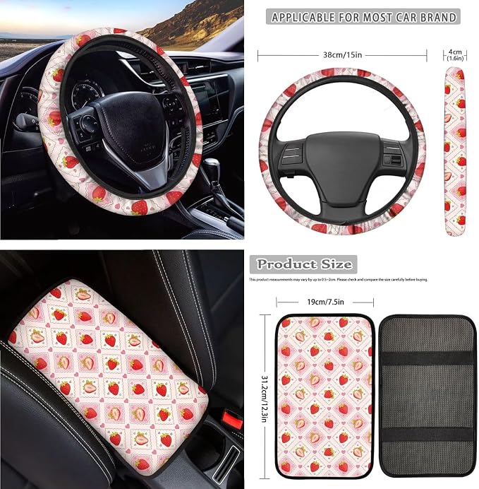 Strawberry Print 18Pcs Car Seat Cover Full Set for Women Cute Front and Back Car Seat Covers with Headrest Covers Steering Wheel Cover Seatbelt Pads Center Console Pad Cup Coasters