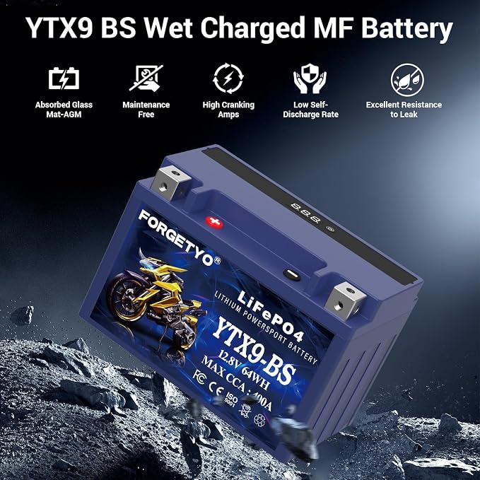 Lithium YTX9-BS, LiFePO4 Motorcycle Battery, 12V 5AH 400A ATV, UTV, Jet Ski, 4 Wheeler,Snowmobile,Tractor and Generator Battery