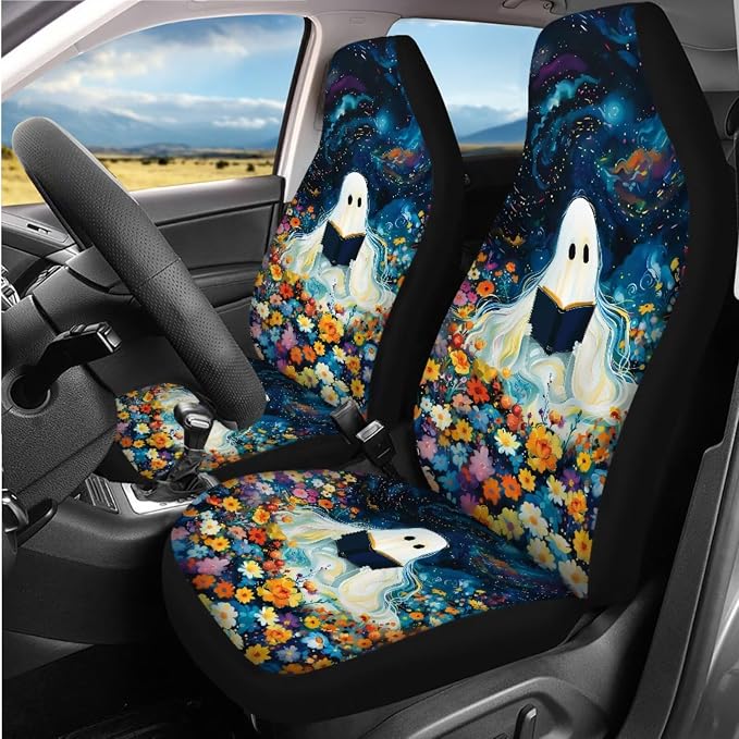 White Ghost Flower Print Car Seat Covers Full Set with Car Steering Wheel Cover, Auto Armrest Pad Protector, Auto Seat Belt Pads, Halloween Automitive Decorations