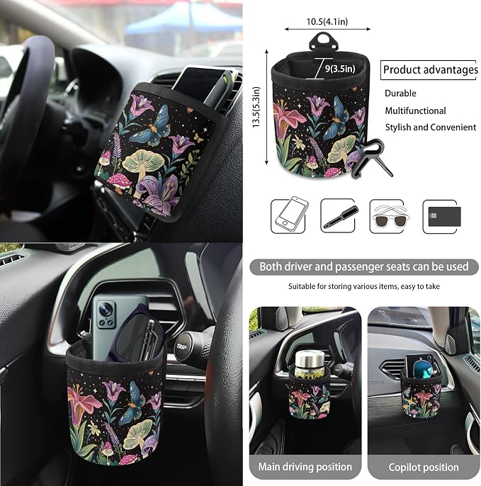 Butterfly Mushroom Floral Print 15Pcs Car Seat Cover Full Set Car Steering Wheel Cover Seat Belt Cover Trash Bin Air Vent Storage Box Front Rear View Mirror Car Cup Holder Keychain