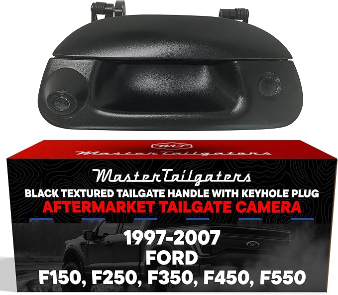 Master Tailgaters Black Tailgate Handle with Backup Camera Replacement for Ford F150 F250 F350 F450 F550 (1997-2007) | Key Hole Plug | IP68 Waterproof | Parking Grid Lines Available | Easy to Install