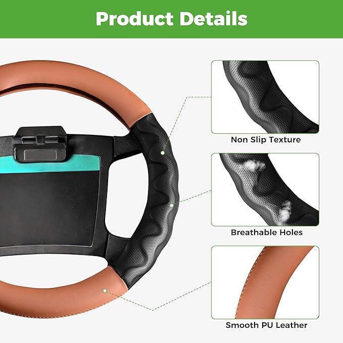 10L0L Golf Cart 14" Steering Wheel Cover for Club Car DS Precedent and Yamaha Models, Breathable Rubber Leather Materials,Good Texture Nice Look（Black+Brown）