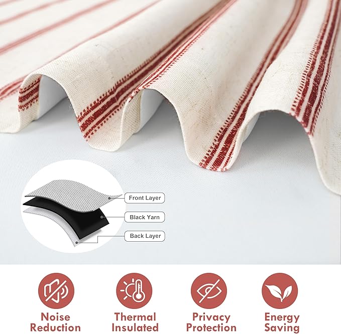 DriftAway Farmhouse Double Layer Linen Blackout Tie Up Curtains Thermal Insulated Vertical Striped Fully Lined Balloon Roman Shade Bathroom Window Adjustable Rod Pocket 45 Inch by 63 Inch Red