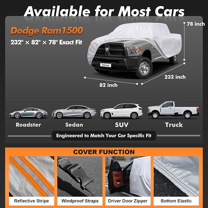 Car Cover Waterproof All-Weather,Heavy-Duty Outdoor Full Exterior Automobiles Truck(Length 243-250 inch) with Windshield Sun Shade Universal Fit Ford F-Series F-150, Tundra, RAM 1500 2500etc