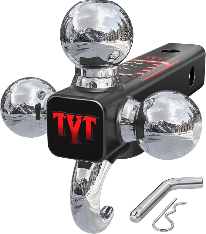 TYT Trailer Hitch Tri Ball Mount with Tow Hook,Fits 2 inch Receiver,Triple Balls (1-7/8", 2", 2-5/16"),10,000 lbs GTW,1,000 lbs TW,with Hitch pin