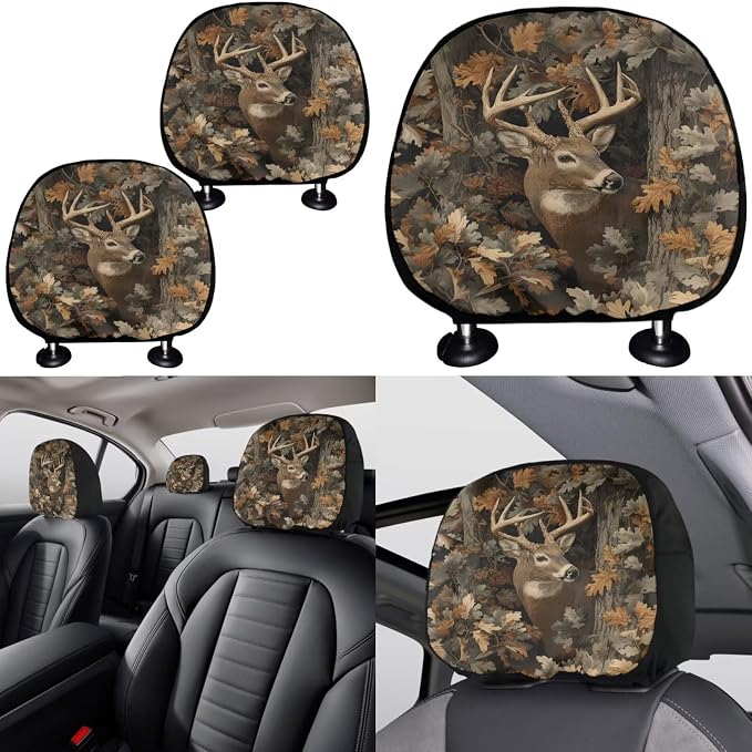 KEIAHUAN Deer Camo Hunting Car Seat Covers Full Set Front Rear Seat Covers Handbrake and Gear Shift Knob Cover,Headrest Covers,Steering Wheel Cover,Head Rest Cover,Coasters 11 PCS