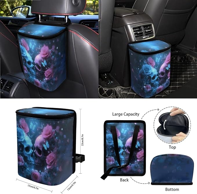 Skull Butterfly Rose Print Car Accessories Set of 15 Car Seat Covers Seatbelt Strap Pad Steering Wheel Cover Air Vent Storage Bag Rear View Mirror Cover Trash Cans Cup Holder Key Chain