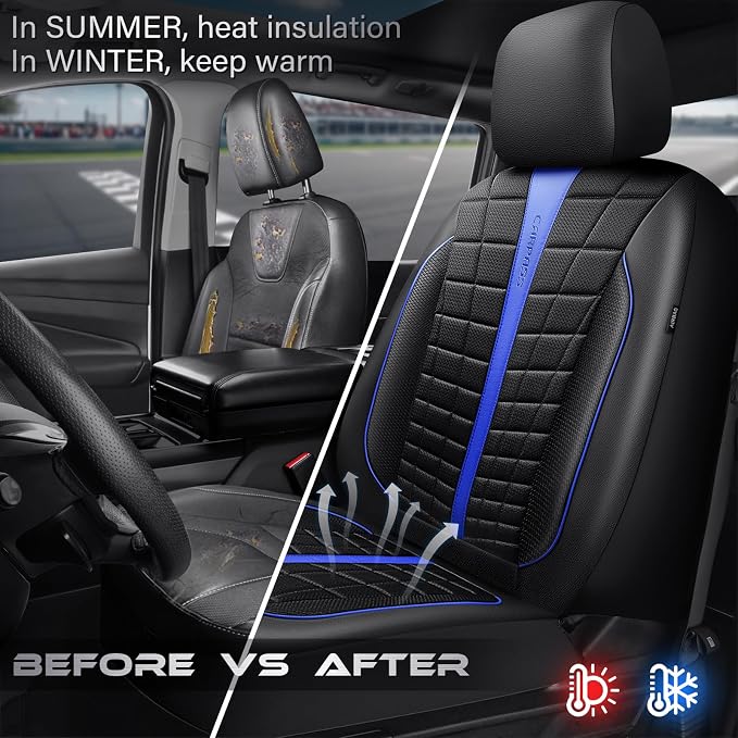 CAR PASS 3D Air Mesh Black Blue Seat Covers for Car,Leather Car Seat Cover Front Seats,Breathable Foam Premium Leather Mesh Front Seat Covers Universal Fit for Cars Sedans Trucks Vans SUVs,Black Blue