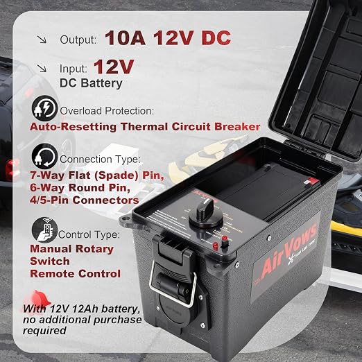 Trailer Light Tester Box with 12V 12Ah Battery,Remote Control Function with 98 FT Range, 7-Way Flat (Spade) Pin,6-Way Round Pin,4/5-Pin Connectors,IPX8 Waterproof Case,2-Year Warrnaty
