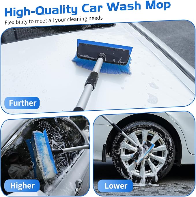 Ordenado 56" Car Wash Brush with Long Handle - Car Cleaning Brush with Soft Bristle & Squeegee, Scratch-Free Car Cleaning Mop Kit for Washing Exterior & Snow, Universal for RV Boat Truck SUV Blue