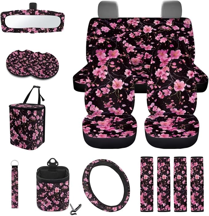 Cherry Blossom Pattern Car Accessories Set of 15, Front Rear Seat Covers Protector Steering Wheel Cover Seatbelt Cushion Trash Can Cup Holders Air Vent Storage Bag
