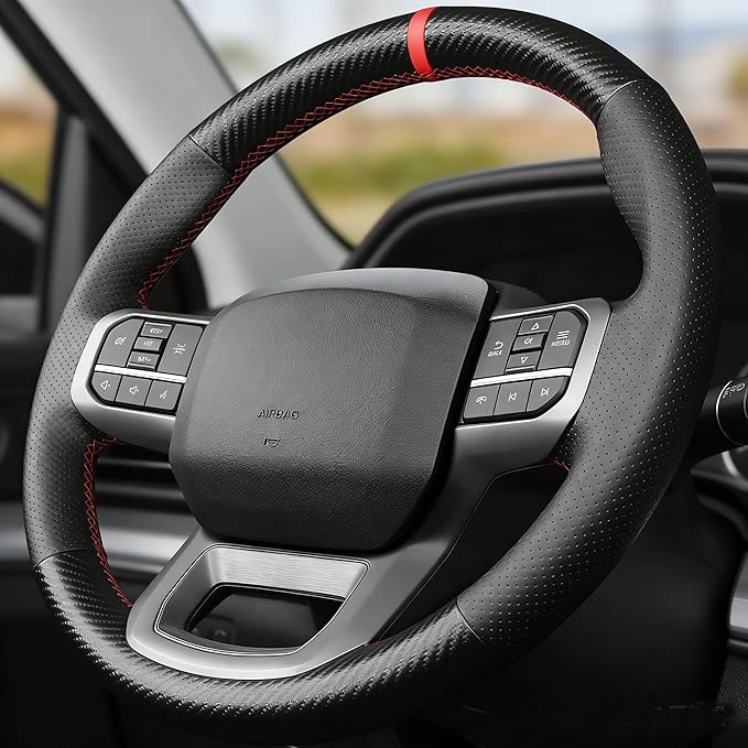 Carbon Fiber Leather Steering Wheel Cover for Ford F-150 2021-2026 /Ford F-250 F-350 F-450 F-550 F600 2023 2024 2025 2026 /Ford Expedition F150 Lightning 2022-2024 Accessories Custom OEM Parts