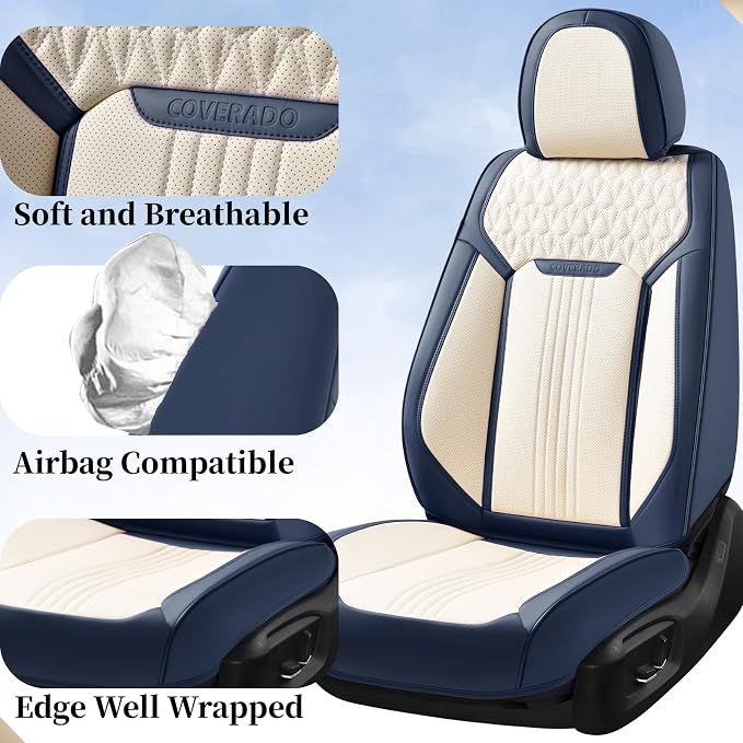 Coverado Front Seat Covers, Leather Car Seat Cover, Waterproof Car Seat Protector, Driver Seat Covers Car Seat Cushion Universal Fit for Most Cars, Blue&White