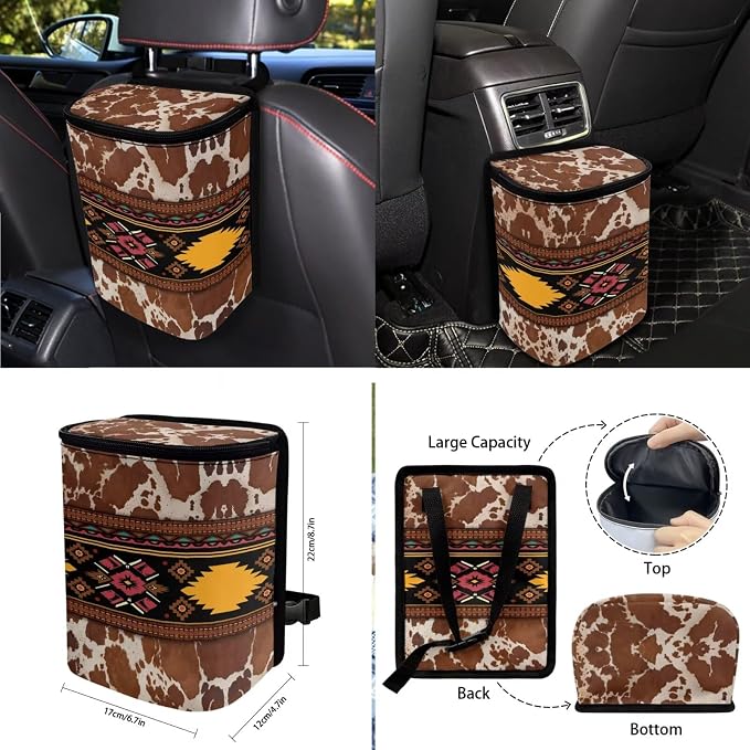 Geometric Brown Print Car Seat Cover Stretch Car Garbage Can Steering Wheel Cover Vehicle Car Trash Can Air Vent Pouch Coaster Lanyard Keychain Automobile Interior Set, Pack of 10