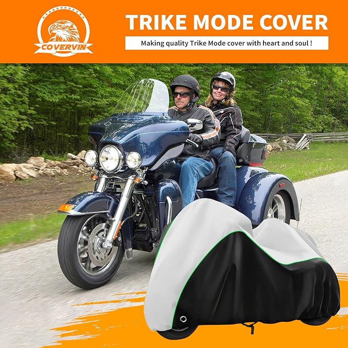 COVERVIN Trike Cover Waterproof, Heavy Duty 3 Wheel Motorcycle Cover for Harley Honda Goldwing Freewheeler Tri Glide Ultra, with Antenna Zipper, Windproof Buckles & Reflective Strips (Black&Silver)