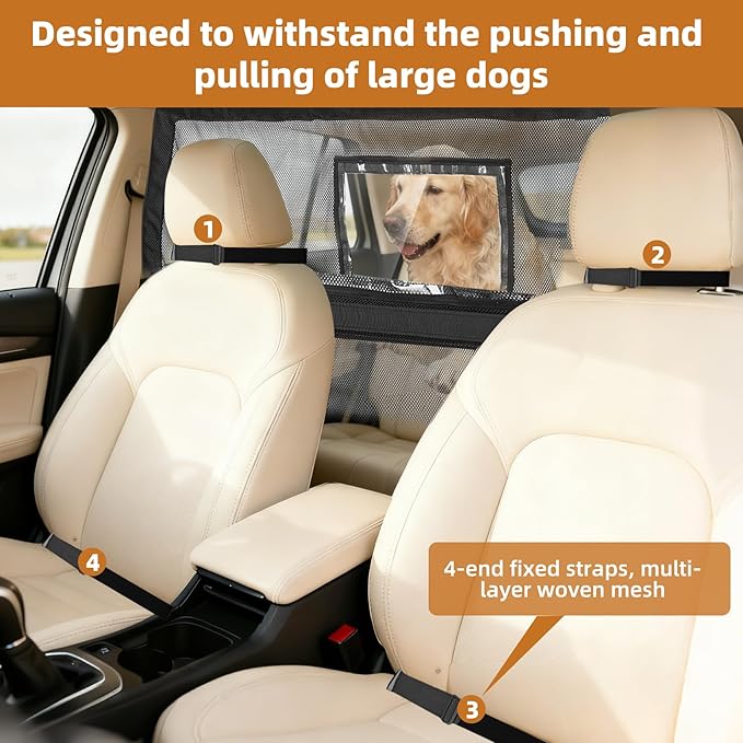 57" Wide Dog Car Barrier with Window & Steel Frame, Universal Fit for Cars, Sedans,SUVs,and Trucks, Car Barrier for Escape-Proof, Vehicle Gate for Dog Travel