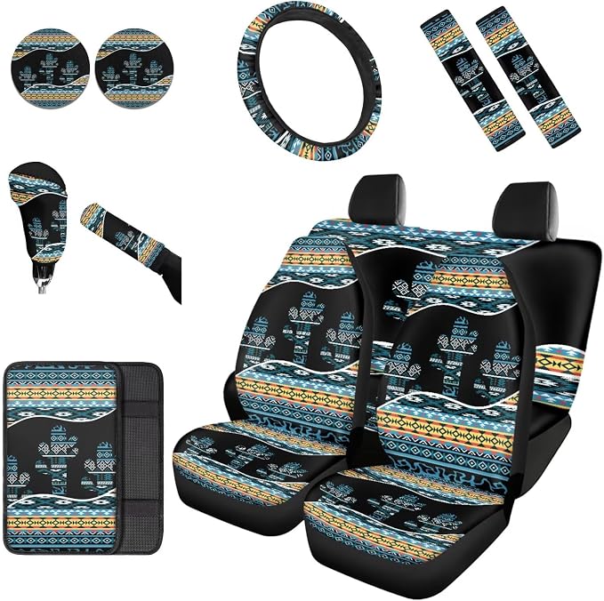 Dreaweet Car Seat Covers Full Set with Steering Wheel Cover Armrest Pad Covers Seat Belt Pads Cup Holders Handbrake Cover Set of 12 Aztec Cactus Car Accessories Interior Universal for SUV Trucks Sedan
