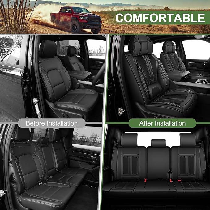 TTX LIGHTING Seat Covers Fit for Dodge RAM 2012-2025 2026: Compatible with RAM 1500 2500 3500 Crew Quad Regular Cab Full Set Pickup Truck Seat Covers(Flat Bench, 5 Seats, Black)