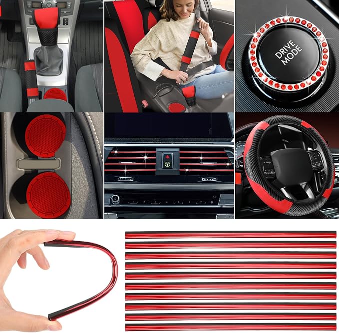 Estune 41 Pcs Black Red Car Accessories Set Automotive Seat Covers Steering Wheel Cover Seat Belt Pad Shift Sleeve Start Button Rings Armrest Cup Holders Vent Outlet Trim Scraper for Auto Interior