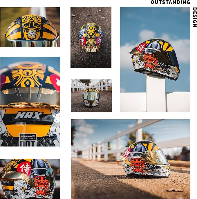 HAX Obsidian Full Face Dual Visor Adult Motorcycle Helmet for Motorbike Street Bike with Pinlock Ready DOT Approved Samurai Gold XL