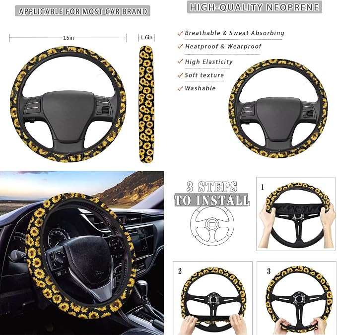 Tupalatus 9 Pack Car Seat Covers Set Gear Shift Knob Cover,Car Handbrake Cover,Seat Belt Shoulder Pads,Car Coaster,Steering Wheel Cover Interior Accessories Universal Fit, Retro Dragonfly Floral Beige