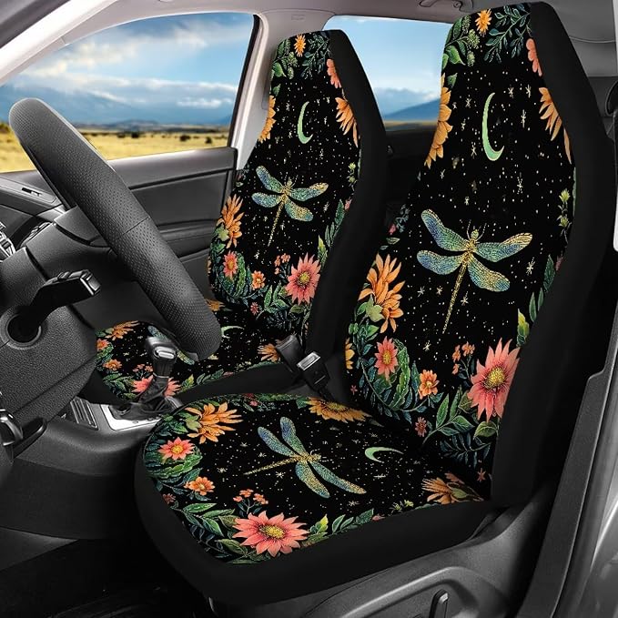 BIGCARJOB Flower Dragonfly Car Seat Cover Full Set of 12 Pcs Car Interior Accessories Set,Moon Dragonfly Steering Wheel Covers,Universal Seat Belt Pads,Armrest Cover,Cup Holder