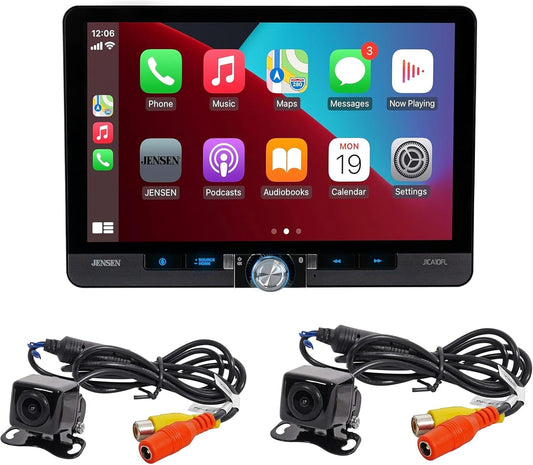 Jensen J1CA10FL-BUC 10.1-inch CarPlay Android Auto Car Stereo with Backup Camera and Additional Camera for Front of Car