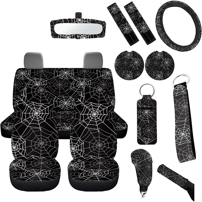 Black Spider Web Car Seat Covers Full Sets 14pcs,Halloween Car Accessory,Auto Coaster+ Keychain+Gear Shift Knob Handbreak Cover+Seatbelt+Car Rear View Mirror Cover for Women,Halloween Decor