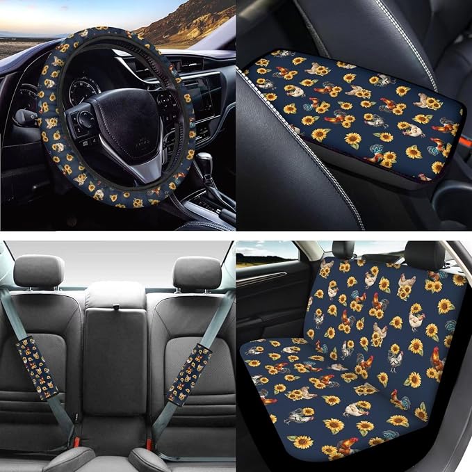 Mumeson Sunflower Rooster Car Seat Covers + 2 Pack Soft Car Seatbelt Covers Shoulder Cushion + Steering Wheel Covers Sweat Absorption + Car Armrest Cover Center Console Mats 8 Pack Set