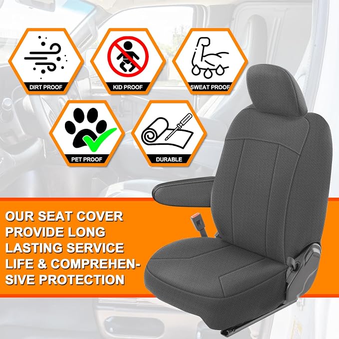 Front Bucket Seat Covers Compatible with 2013-2020 Dodge Ram Promaster Van, Armrest on Drivers Only, Breathable Automotive Cover Cushion Accessories, Charcoal
