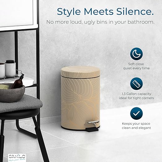 Sanilo Small Bathroom Trash Can with Lid [1.3 Gallon] - Lidded Tiny Trashcan for Garbage - Mini Metal Bin with Soft Closing Mechanism - Bath Room Accessoire Wastebin with Inner Bucket (Hosta)