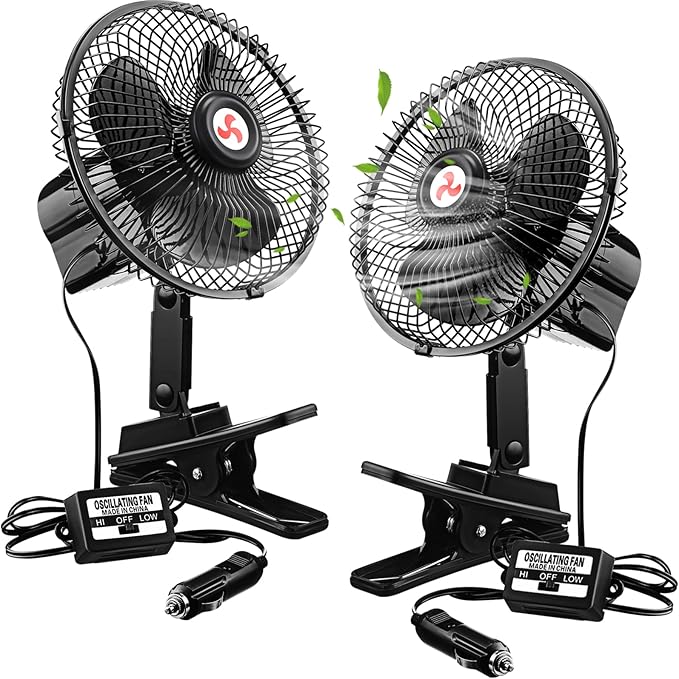 Tujoe 7" Portable Car Fan with Cigarette Lighter Electric Cooling - 12 Volt Oscillating Automobile Fan, 360 Degree Swivel with Clip for Truck Camping Supplies, Black (2 Pcs)