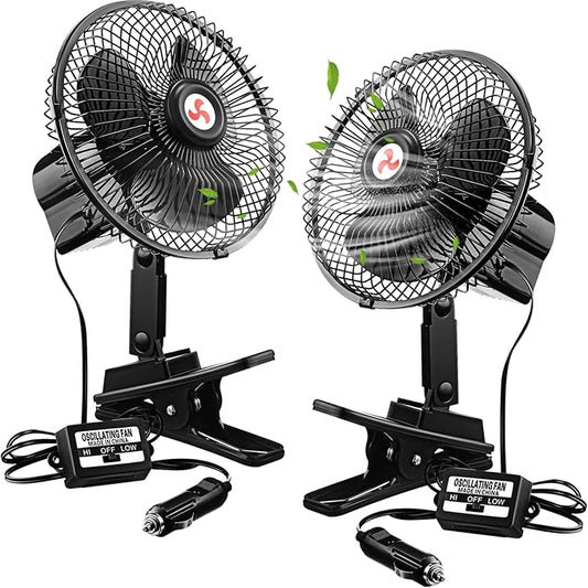Tujoe 7" Portable Car Fan with Cigarette Lighter Electric Cooling - 12 Volt Oscillating Automobile Fan, 360 Degree Swivel with Clip for Truck Camping Supplies, Black (2 Pcs)