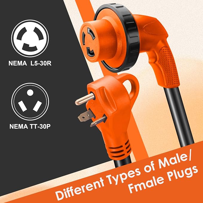 30 Amp RV Extension Cord,10 ft,Heavy Duty Generator Extension Cord with LED Power Indicator,30 AMP Female 90° Twist Lock Adapter with Reverse Polarity Lamp,NEMA TT-30P to L5-30R,120V/125V