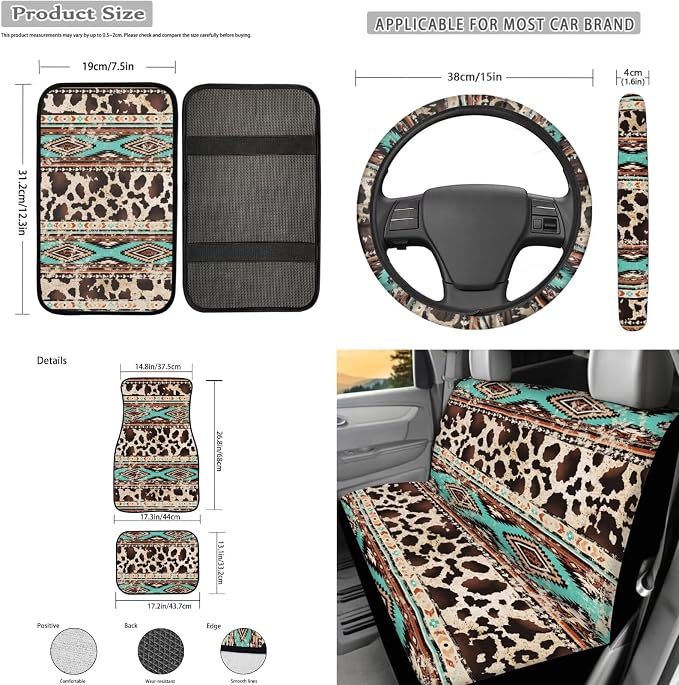 17 Pcs Aztec Cow Print Car Seat Covers Full Set with Floor Mats Steering Wheel Cover Shoulder Pads Armrest Pad Keychain Roof Gloves Cup Coaster Universal