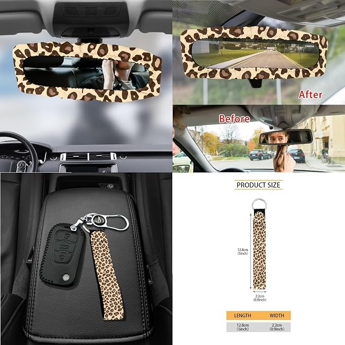 Leopard Dachshund Print Car Accessories Full Set of 15 Car Seat Covers Steering Wheel Cover Air Vent Storage Holder Seatbelt Strap Pad Cup Coasters Rear View Mirror Cover Keychain