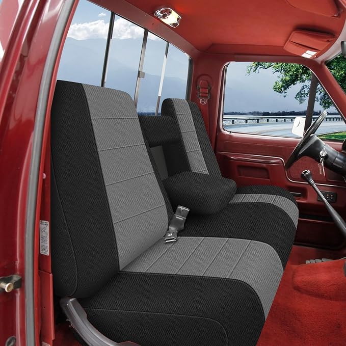 SAPUBK Front Seat Covers Replace for 1987-1991 Ford F150 Front Bench Seat with Opening Armrest and Molded Headrest, Knitted Fabric Composite Soft Foam Lining Airmesh Breathable Seat Cover