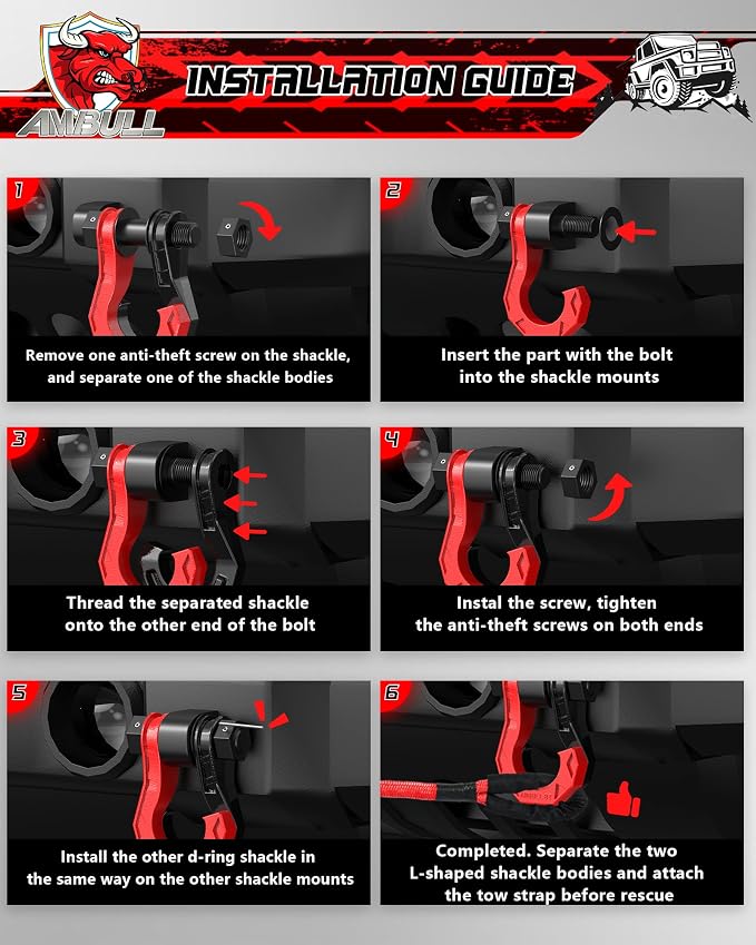 3/4" Easy Open D Ring Separate Shackles (17,600 lbs WLL) with 3/8" G80 S Shaped Tow Hook (11,200 lbs WLL) Off-Road Recovery Kit, Heavy Duty Winch Towing Combo, Black Red