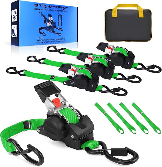 Retractable Ratchet Straps, 1763lb Break Strength Green Self Retracting Ratchet Straps Heavy Duty with Soft Loops, 1'' x 10FT Auto Tie Down Straps Easy Retract for Motorcycle, Truck, Cargo, 4 Pack