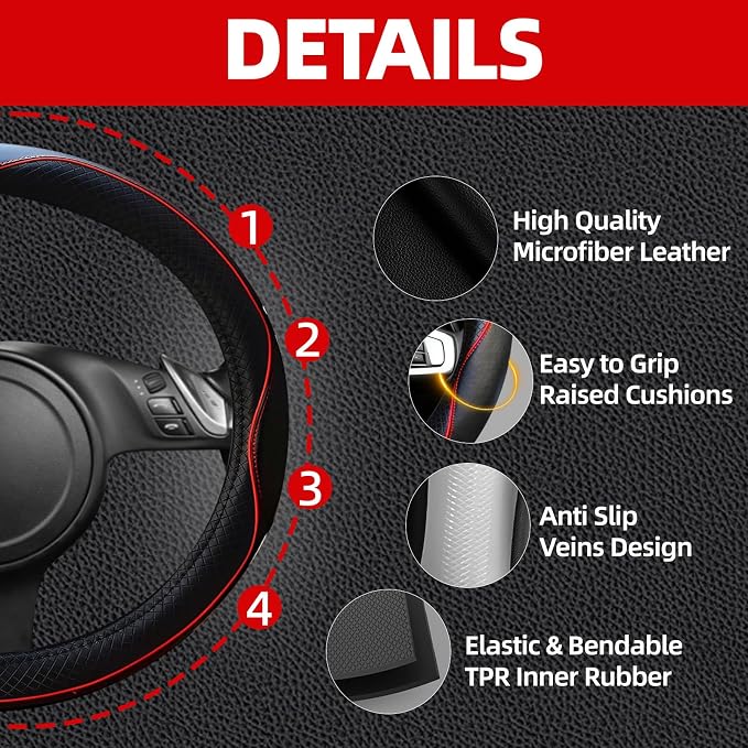 NBTEPEM 10 Pcs Car Floor Mats Full Set Car Accessories, Microfiber Leather Steering Wheel Covers 14.5-15 inch, Center Console Cover, Seat Belt Pads, Cup Coasters, Universal Interior Decor(Red)