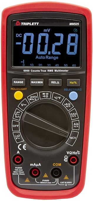 Triplett MM525 True RMS 6000 Count High Performance Digital Multimeter with Certificate of Calibration to NIST - AC/DC Voltage, AC/DC Current, Resistance, Temperature, Continuity
