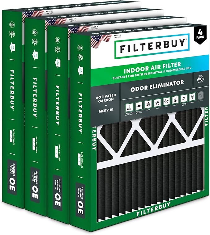 Filterbuy 20x25x5 Air Filter MERV 10 Odor & Allergy Defense with Activated Carbon (4-Pack), Pleated HVAC AC Furnace Filters for Honeywell, Lennox, and More (Actual Size: 19.88 x 24.75 x 4.38)