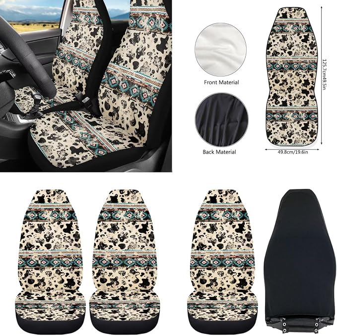 Howilath Western Aztec Cow Spot Car Front Seat Covers Set Auto Accessories with Center Console Cover+Steering Wheel Cover+Seatbelt Pads+Keychain+Coasters - 10 Packs