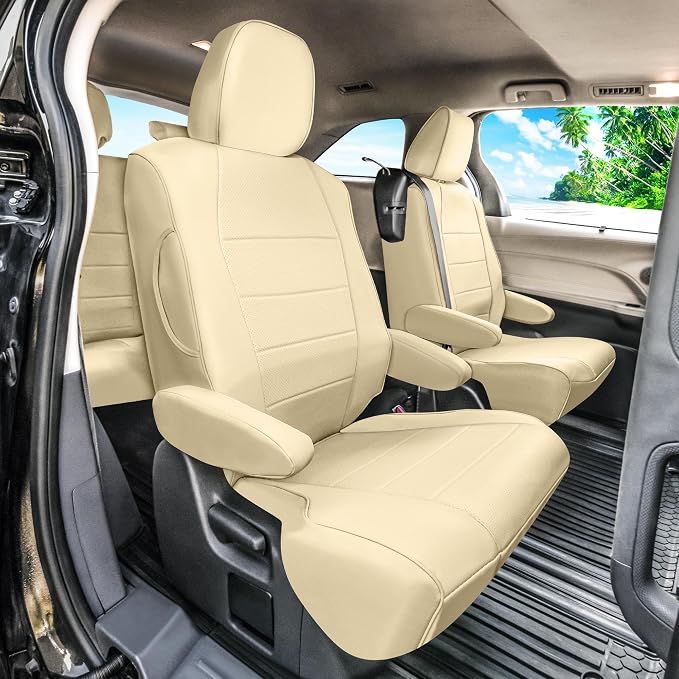 FH Group Custom Fit Car Seat Covers Specifically Made for 2021-2024 Toyota Sienna 7 Seater, Faux Leather Automotive Seat Covers - 2nd Row Solid Beige