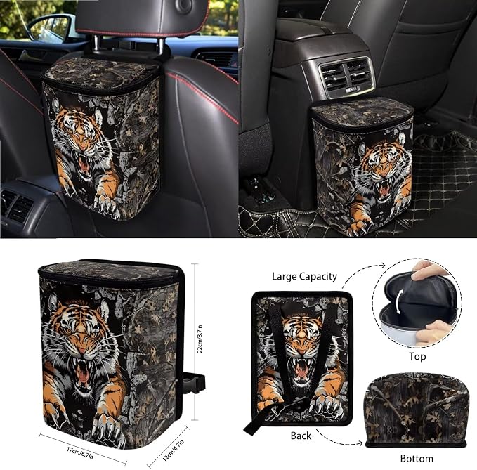 Tiger Forest Camo Print 15PCS Car Seat Protection Steering Wheel Cover, Seat Belt Strap Cover Trash Can Keychain Air Outlet Pocket Mirror Cushion Universal Fit Most Cars