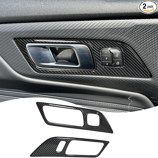 Inner Door Handle Cover，for Ford Mustang 2024-2026 / Shelby GT350 2015-2020 / GT500 2020-2022，ABS Carbon Fiber Decal Interior Trim Cover Accessories (with Memory seat Button Style)