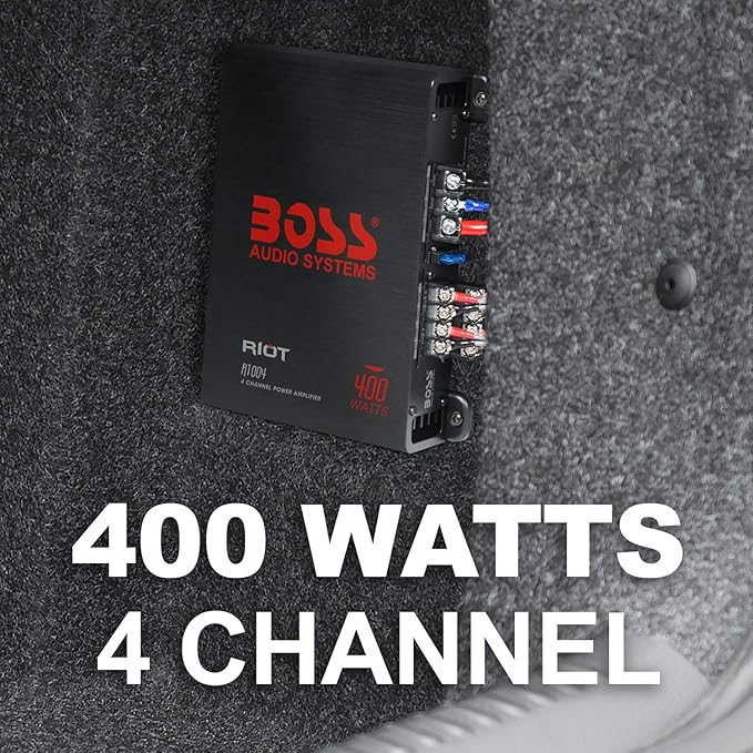 BOSS Audio Systems R1004 Riot Series 4 Channel Amplifier Car Audio - Class A/B, 400 High Output, 2-8 Ohm Stable, High/Low Level Inputs, Full Range